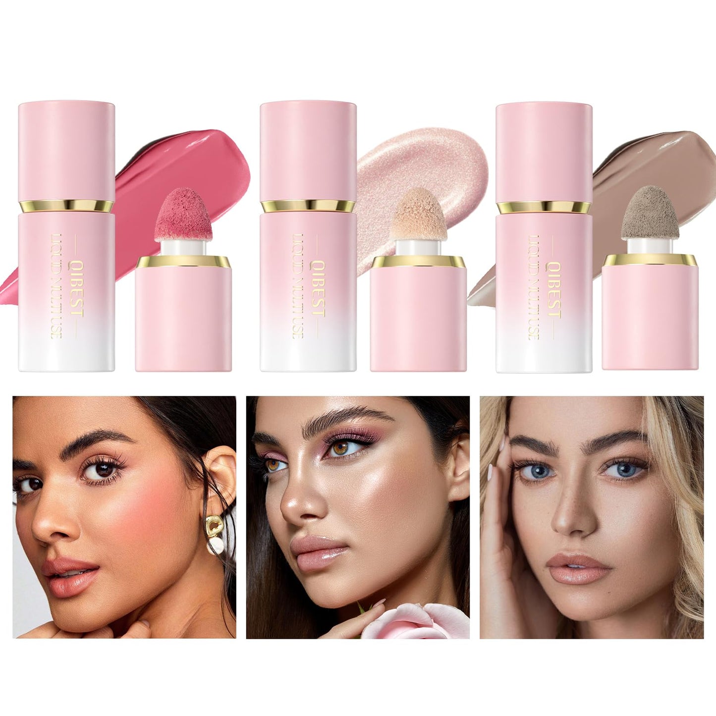 3 Pack Liquid Contour & Highlighter & Blush Makeup Set, Long Lasting Natural Weightless Buildable Contouring Bronzer Blusher Stick Beauty Wand Liquid Highlighter Makeup (Set A)