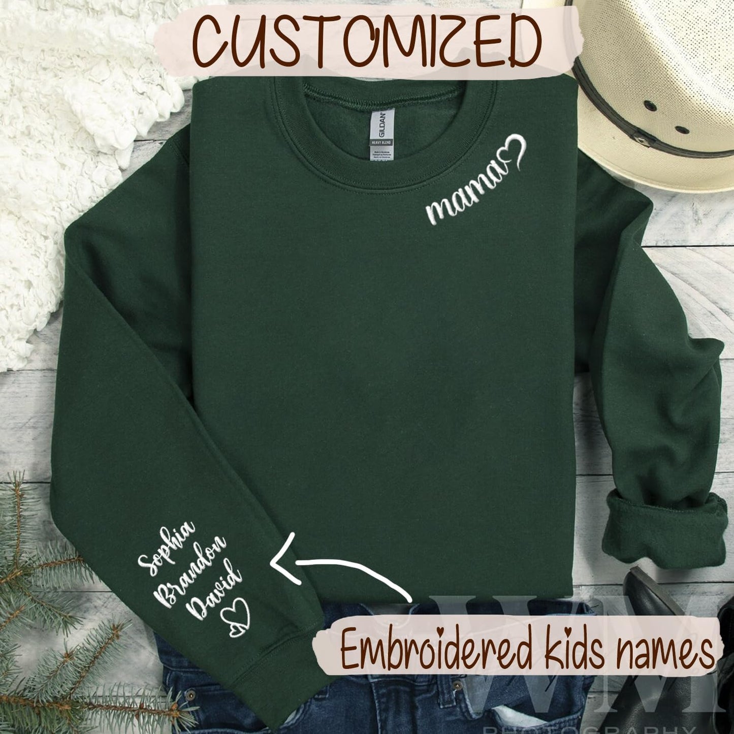 Custom Embroidered women Sweatshirt with Kids Name on Sleeve Personalized Mom Sweatshirt for Mothers Day Birthday Gift for Mom