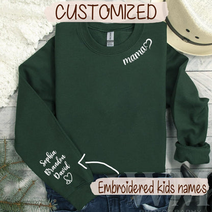 Custom Embroidered women Sweatshirt with Kids Name on Sleeve Personalized Mom Sweatshirt for Mothers Day Birthday Gift for Mom
