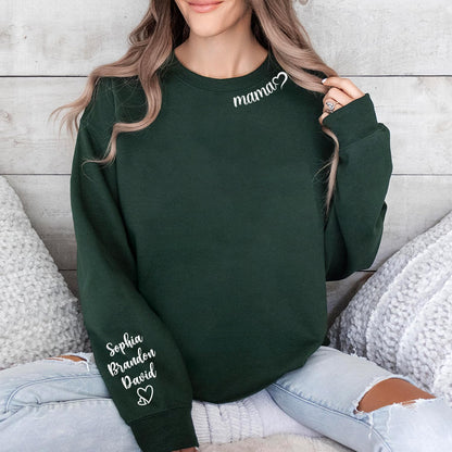 Custom Embroidered women Sweatshirt with Kids Name on Sleeve Personalized Mom Sweatshirt for Mothers Day Birthday Gift for Mom