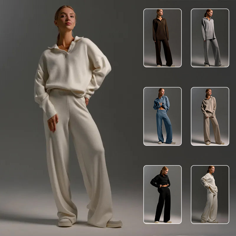 Women's Knitted Pullover Sweatshirt & Straight-Leg Trousers Co-ord Set | Cosy Casual Two-Piece