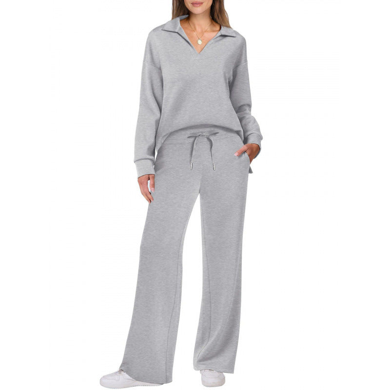 Women's V-Neck Tracksuit Set | Long Sleeve Pullover Top & Drawstring Straight-Leg Trousers