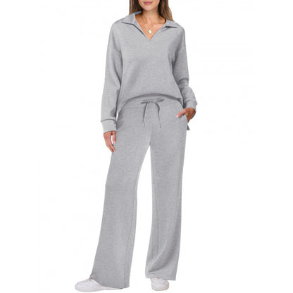 Women's V-Neck Tracksuit Set | Long Sleeve Pullover Top & Drawstring Straight-Leg Trousers