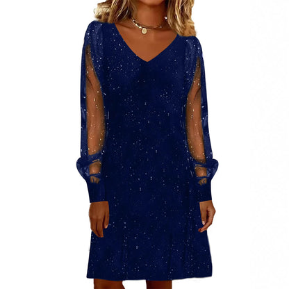 Women’s V-Neck Mesh Sleeve Sparkly Party Dress | Elegant Long Sleeve Evening & Cocktail Dress (S–XXL)