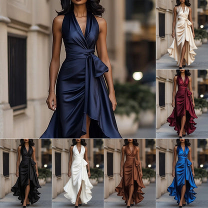 Women's Elegant Deep V-Neck Asymmetric Ruffle Satin Dress | Lace-Up High Waist Party & Wedding Guest Gown