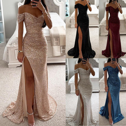 Women's Sequin Tube Top Maxi Dress | Off-Shoulder Split Swing Skirt Party Gown