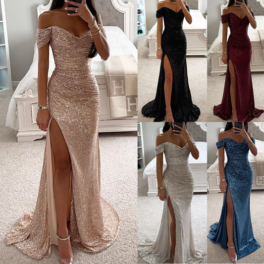 Women's Sequin Tube Top Maxi Dress | Off-Shoulder Split Swing Skirt Party Gown