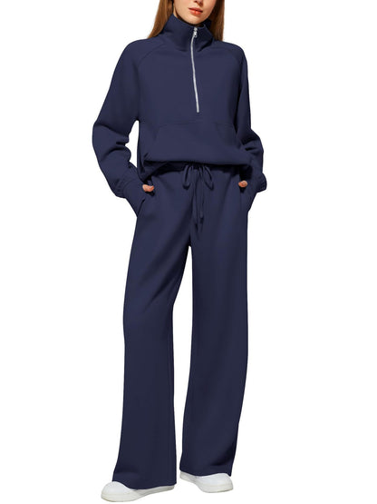 Women's Half-Zip Sweatshirt & Wide Leg Pants Co-ord Set | Casual Sporty Two-Piece Outfit