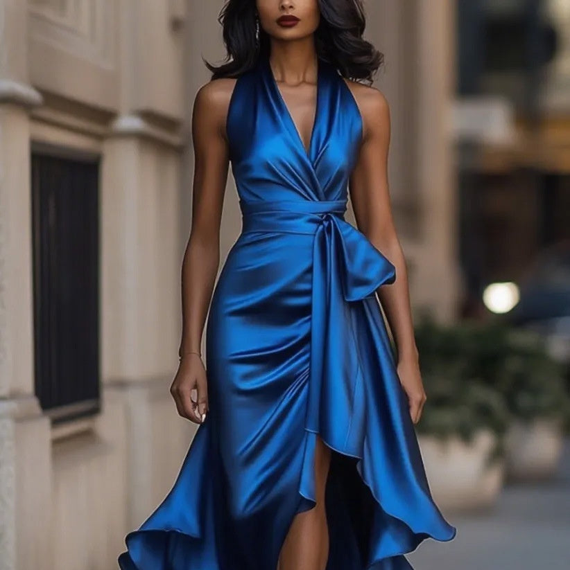Women's Elegant Deep V-Neck Asymmetric Ruffle Satin Dress | Lace-Up High Waist Party & Wedding Guest Gown