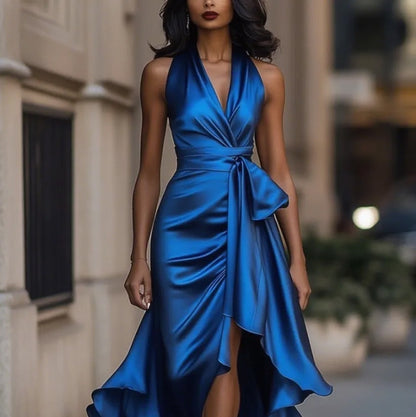 Women's Elegant Deep V-Neck Asymmetric Ruffle Satin Dress | Lace-Up High Waist Party & Wedding Guest Gown