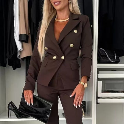 Women's Double-Breasted Blazer & Zip-Up Trousers Suit Set | Slim Lapel Smart-Casual Co-ord