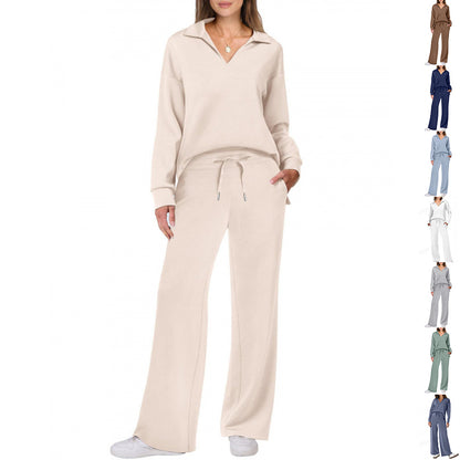 Women's V-Neck Tracksuit Set | Long Sleeve Pullover Top & Drawstring Straight-Leg Trousers
