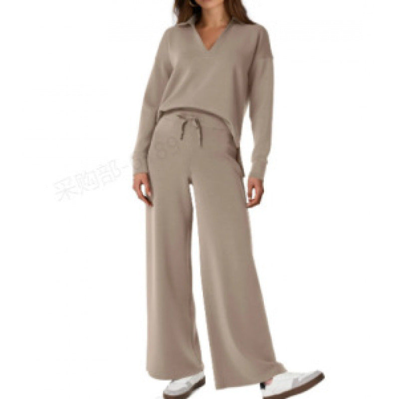 Women's V-Neck Tracksuit Set | Long Sleeve Pullover Top & Drawstring Straight-Leg Trousers