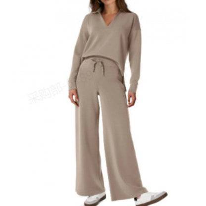 Women's V-Neck Tracksuit Set | Long Sleeve Pullover Top & Drawstring Straight-Leg Trousers