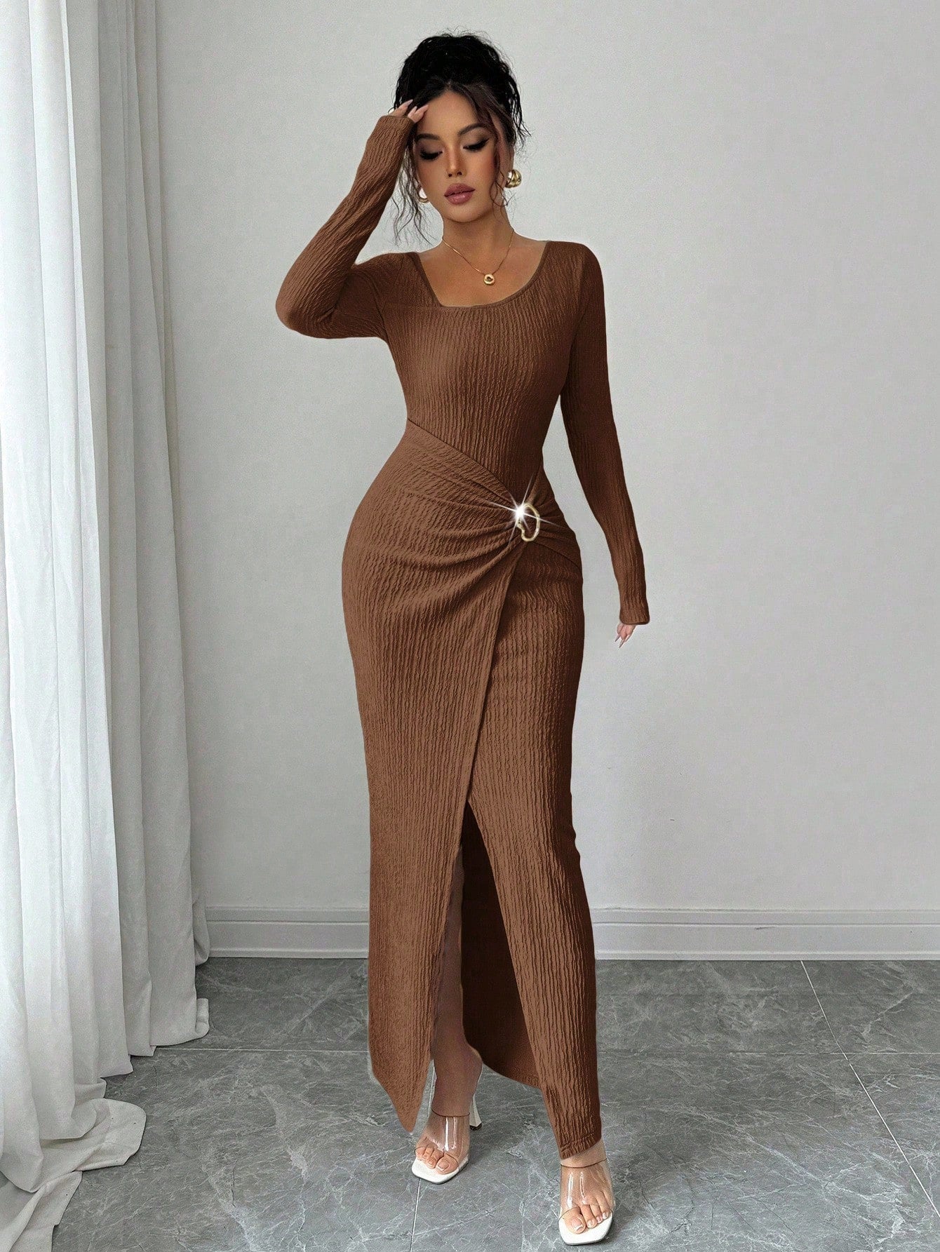 Women’s Autumn Winter Irregular Neck Knitted Long Dress – Elegant Split Bodycon Maxi Dress