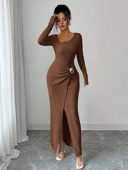 Women’s Autumn Winter Irregular Neck Knitted Long Dress – Elegant Split Bodycon Maxi Dress
