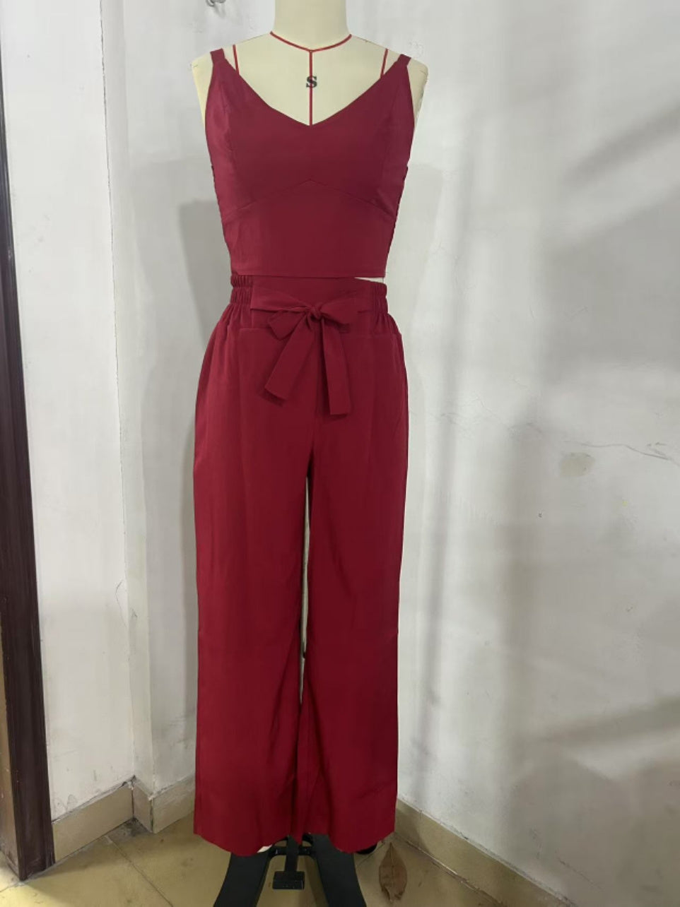 Women's Solid Color Slim Elastic Pleated Two-Piece Suit Sexy Spaghetti Strap V-neck Backless Vest High Waist Wide Leg Pants Suit