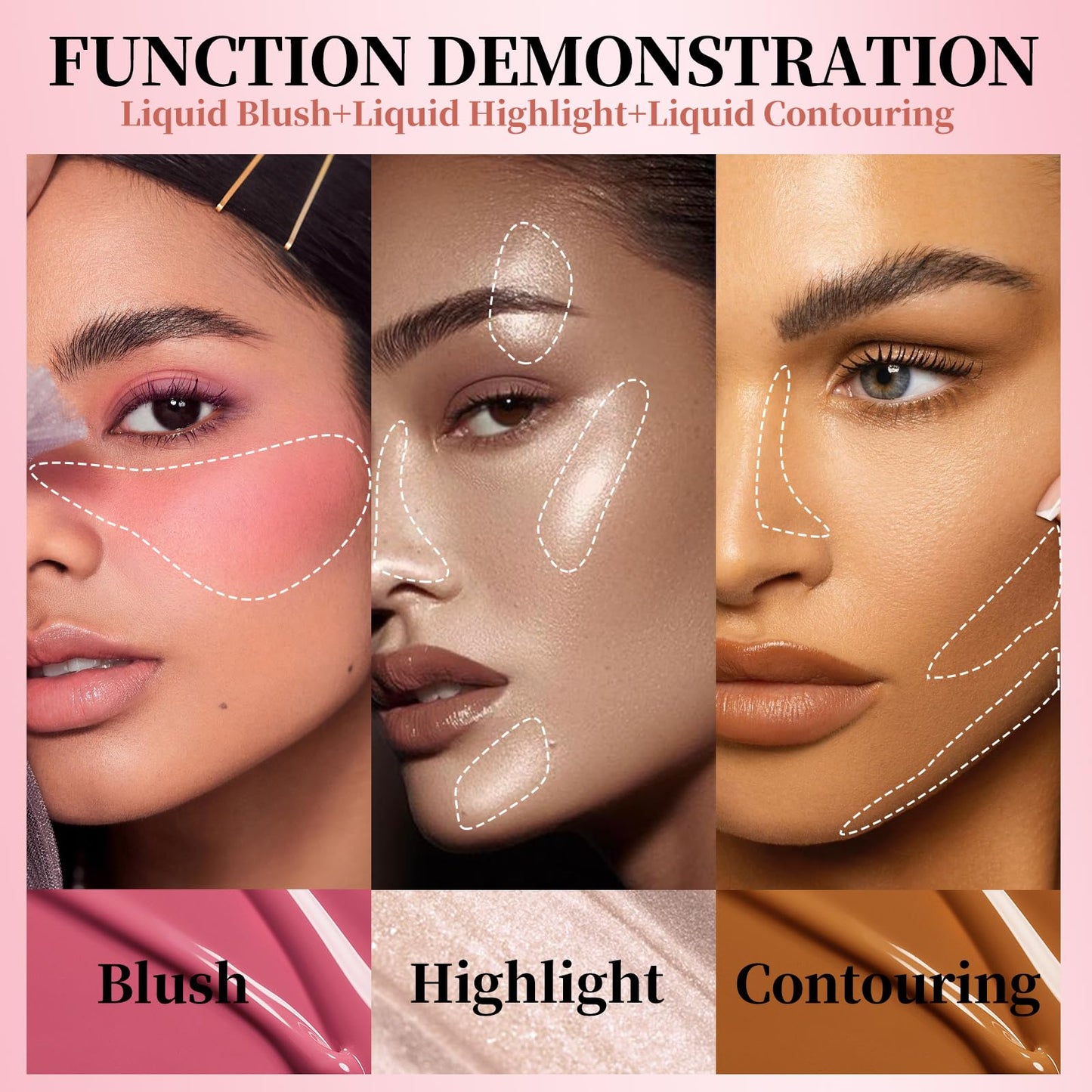 3 Pack Liquid Contour & Highlighter & Blush Makeup Set, Long Lasting Natural Weightless Buildable Contouring Bronzer Blusher Stick Beauty Wand Liquid Highlighter Makeup (Set A)