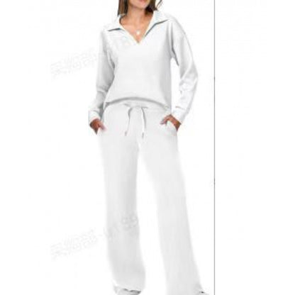 Women's V-Neck Tracksuit Set | Long Sleeve Pullover Top & Drawstring Straight-Leg Trousers