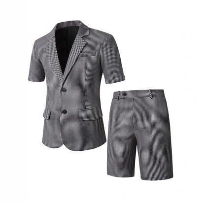 Men’s Slim-Fit Plaid Business Casual Suit Set – Elegant Black Two-Piece Woven Fabric Outfit for Office, Events & Smart Wear (S–XXL)
