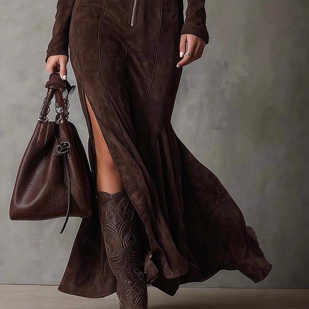 Women's Slim Fishtail Midi Dress | High Waist Split Long Sleeve Retro Dress