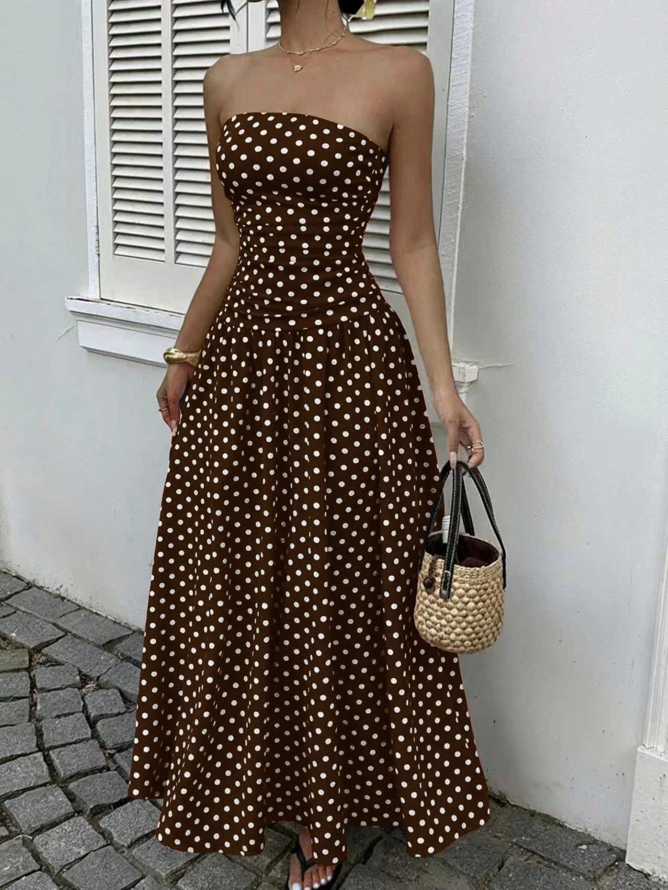 Women’s Off Shoulder Polka Dot A-Line Dress Waist Cinched Sleeveless Party Midi Dress