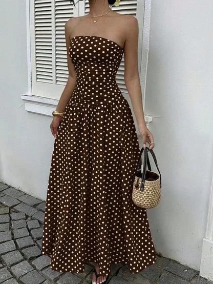 Women’s Off Shoulder Polka Dot A-Line Dress Waist Cinched Sleeveless Party Midi Dress