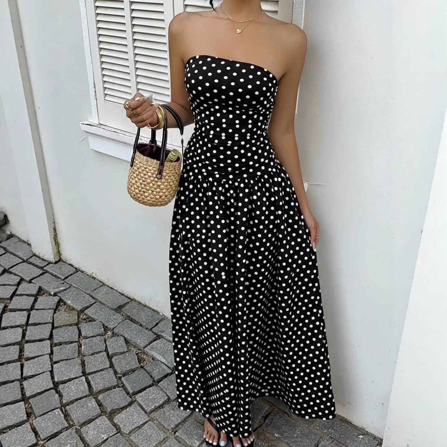 Women’s Off Shoulder Polka Dot A-Line Dress Waist Cinched Sleeveless Party Midi Dress