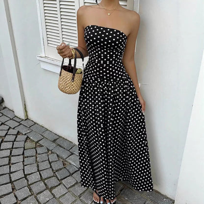 Women’s Off Shoulder Polka Dot A-Line Dress Waist Cinched Sleeveless Party Midi Dress