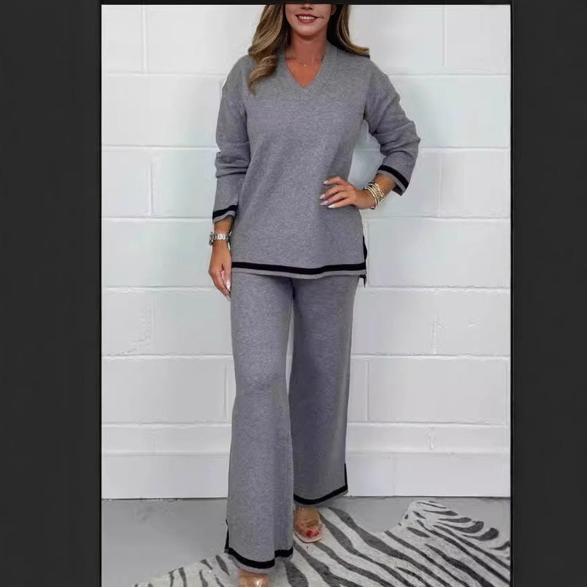 Women Elegant Two Pieces Of Fitting Cloth Temperament Leisure Solid Color Knitted Long Sleeve Women Trousers And Top Suit, Two Piece Pants & Top Solid Color Set Of Women wear