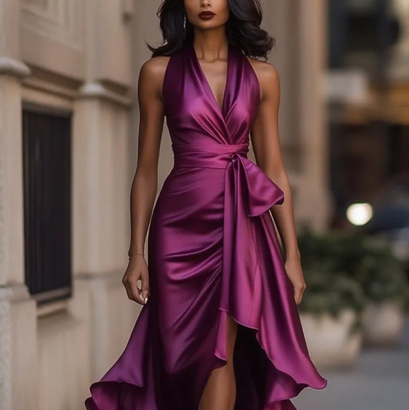 Women's Elegant Deep V-Neck Asymmetric Ruffle Satin Dress | Lace-Up High Waist Party & Wedding Guest Gown