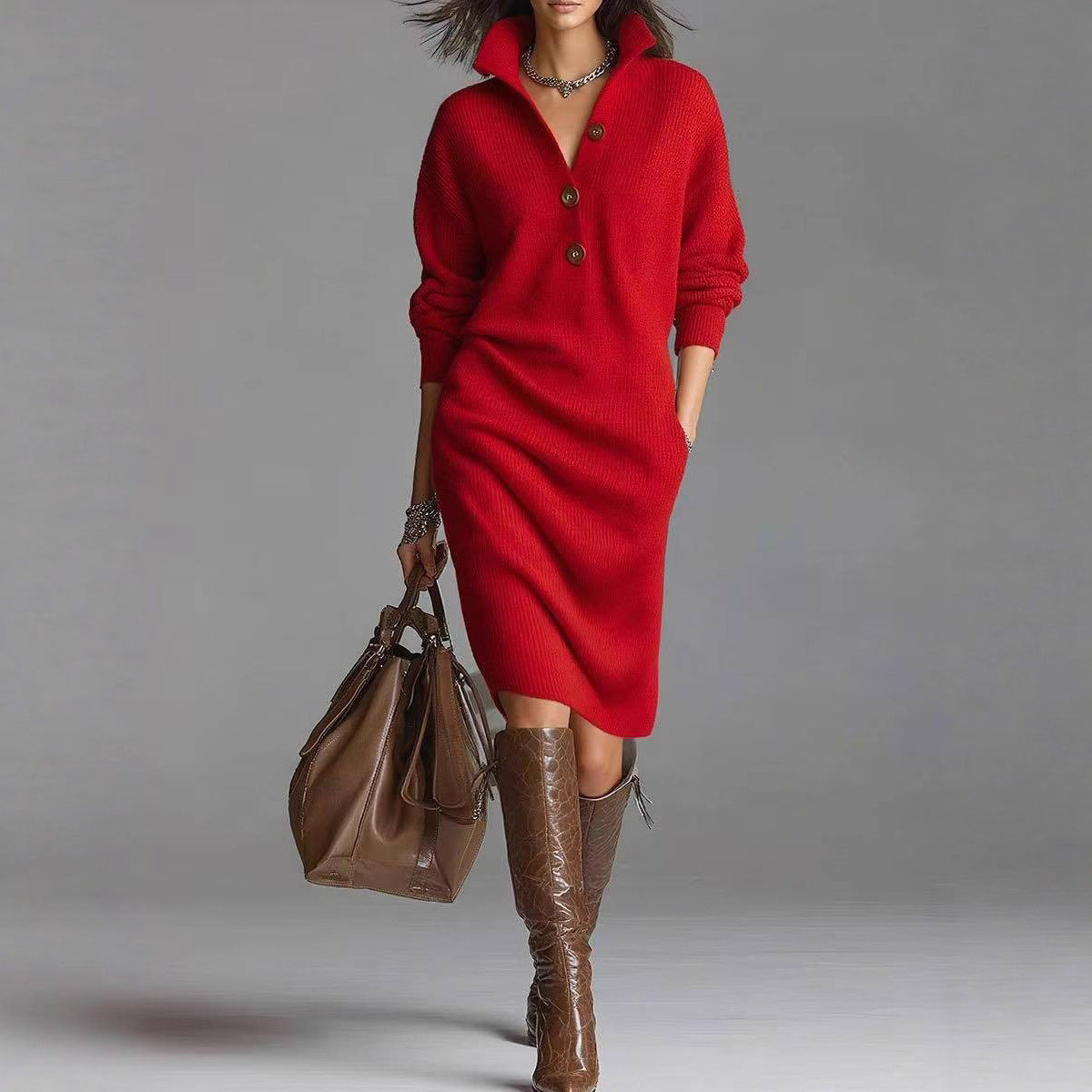 Women's Stand Collar V-Neck Sweater Dress | Long Sleeve Button Pullover Winter Dress