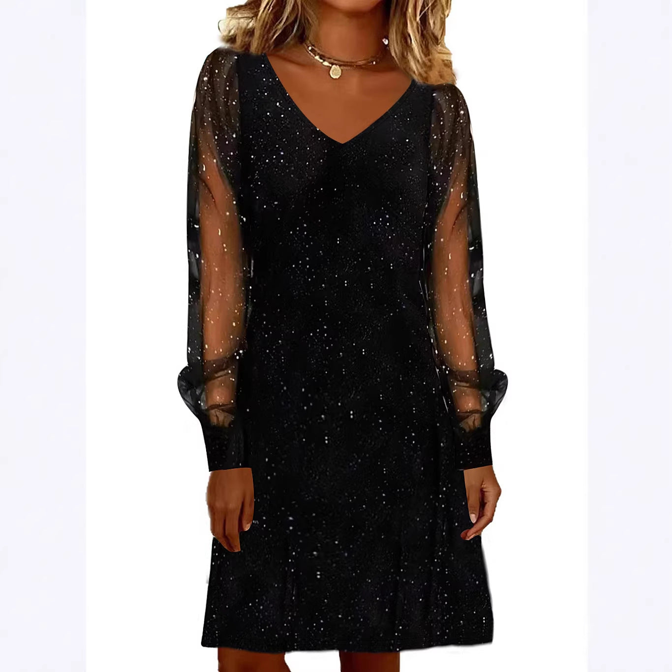 Women’s V-Neck Mesh Sleeve Sparkly Party Dress | Elegant Long Sleeve Evening & Cocktail Dress (S–XXL)