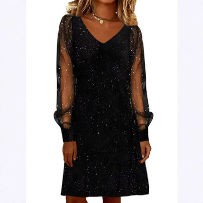Women’s V-Neck Mesh Sleeve Sparkly Party Dress | Elegant Long Sleeve Evening & Cocktail Dress (S–XXL)