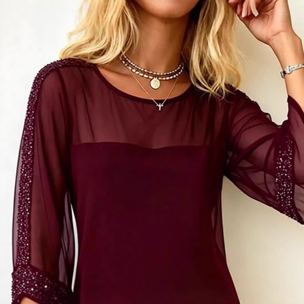 Women’s Mesh Sequin Bodycon Dress Off Shoulder 3/4 Sleeve Evening Party Midi Dress