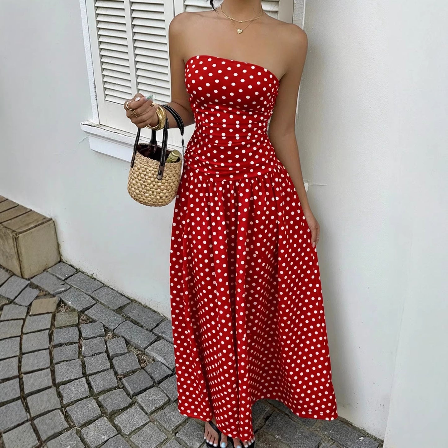 Women’s Off Shoulder Polka Dot A-Line Dress Waist Cinched Sleeveless Party Midi Dress