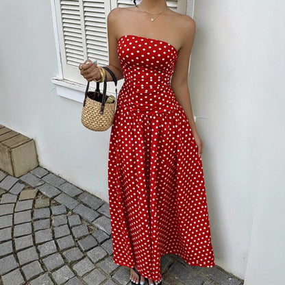 Women’s Off Shoulder Polka Dot A-Line Dress Waist Cinched Sleeveless Party Midi Dress