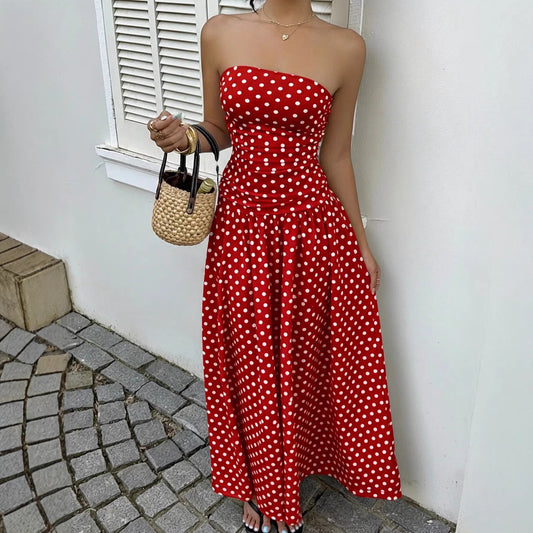 Women’s Off Shoulder Polka Dot A-Line Dress Waist Cinched Sleeveless Party Midi Dress