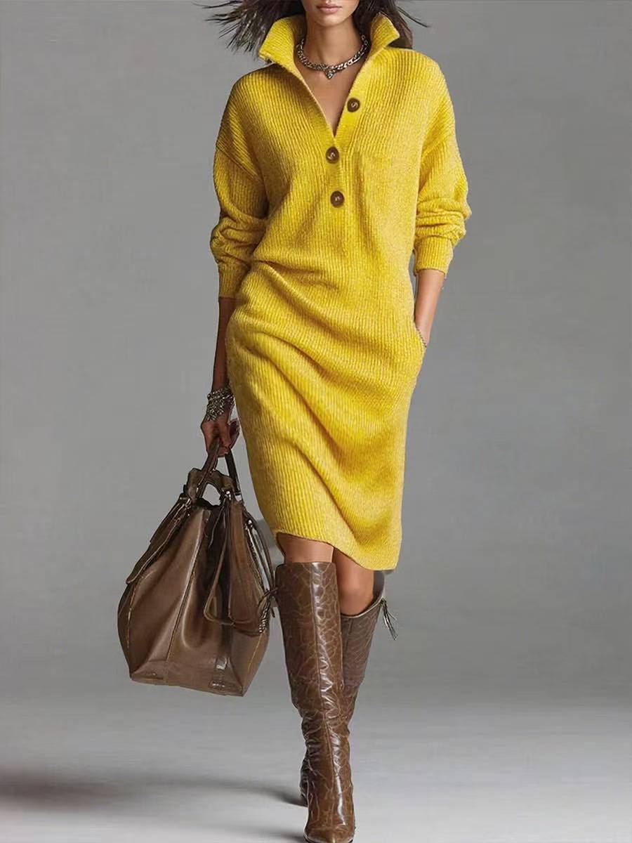 Women's Stand Collar V-Neck Sweater Dress | Long Sleeve Button Pullover Winter Dress