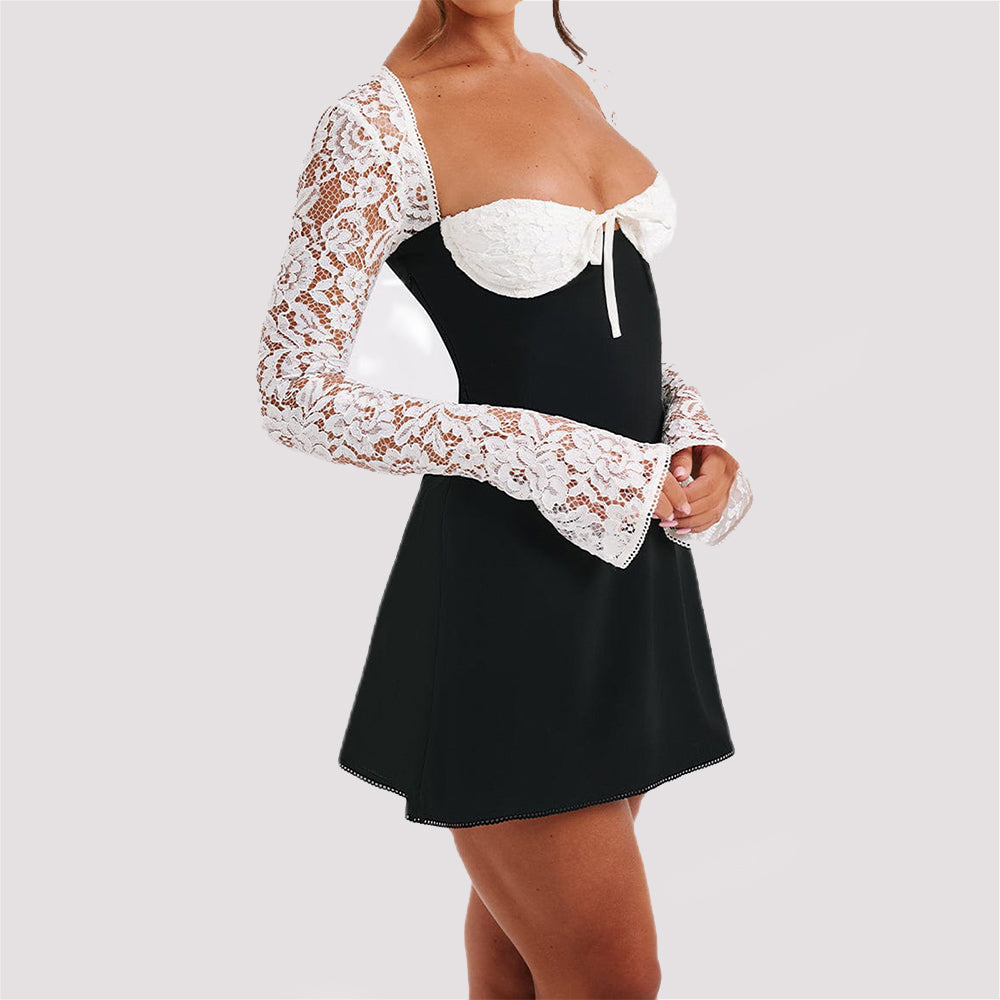 Y2K Sexy Lace Corset Mini Dress – Backless Lace Up Long Sleeve Party Dress for Women