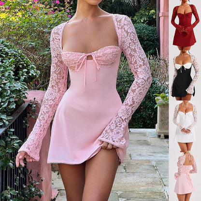 Y2K Sexy Lace Corset Mini Dress – Backless Lace Up Long Sleeve Party Dress for Women
