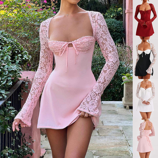 Y2K Sexy Lace Corset Mini Dress – Backless Lace Up Long Sleeve Party Dress for Women