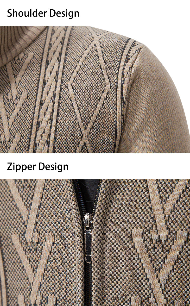 Men's Jacquard Zip-Up Knitted Cardigan | Stand Collar Loose Fit Sweater Top