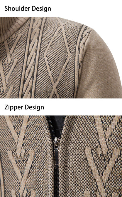 Men's Jacquard Zip-Up Knitted Cardigan | Stand Collar Loose Fit Sweater Top