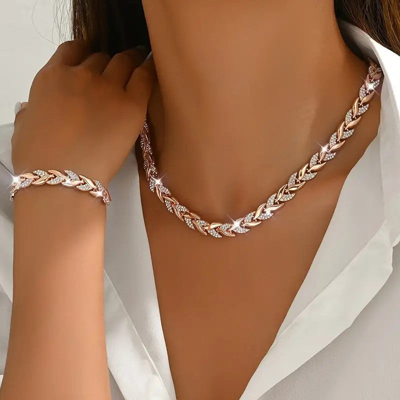 Women's Glass Leaf Necklace & Bracelet Set | Elegant Rhinestone Chain Jewellery Set