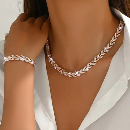 Women's Glass Leaf Necklace & Bracelet Set | Elegant Rhinestone Chain Jewellery Set