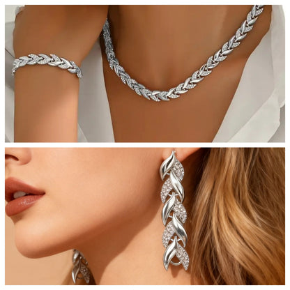 Women's Glass Leaf Necklace & Bracelet Set | Elegant Rhinestone Chain Jewellery Set