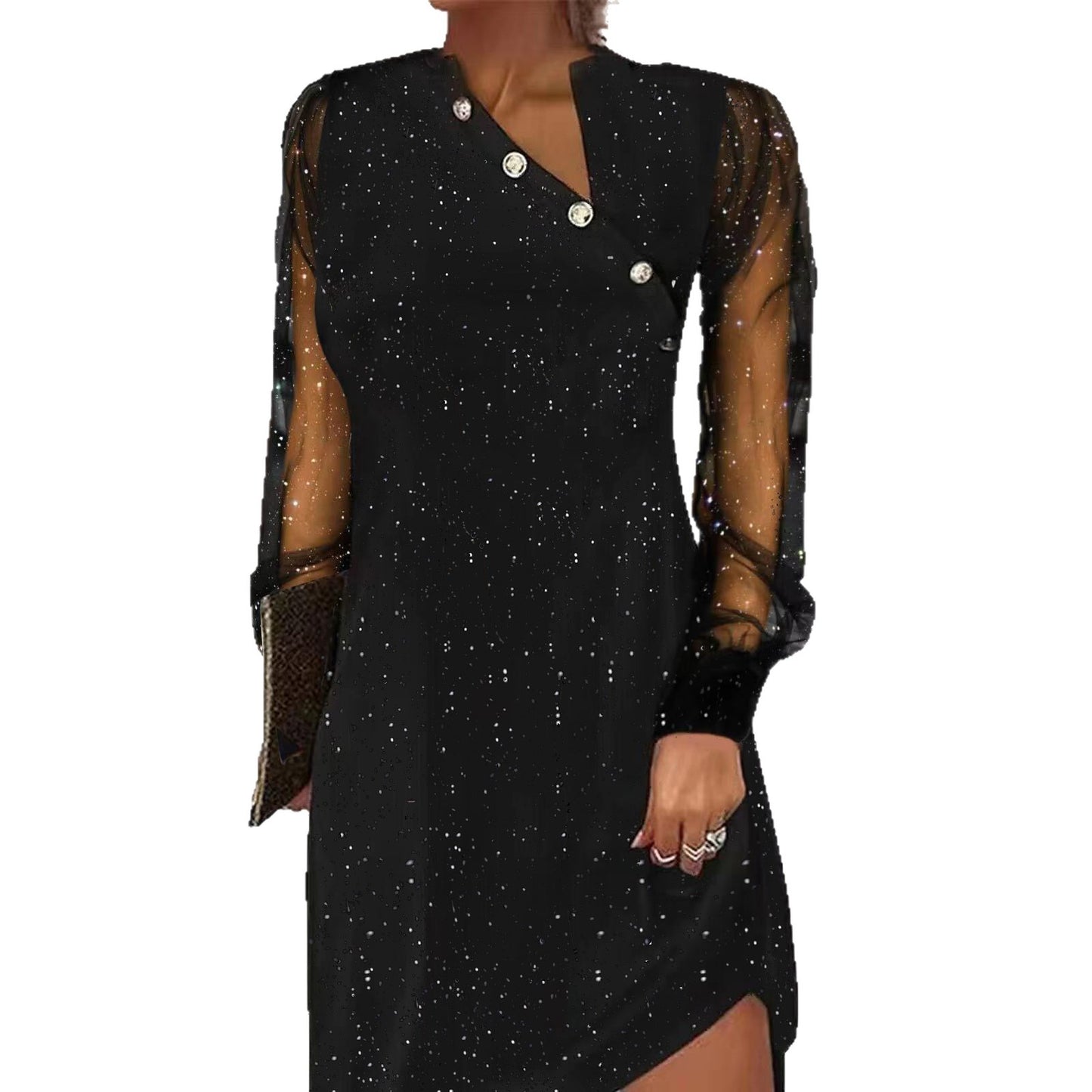 Women’s Lace Mesh Sequin Patchwork Long-Sleeve Mid-Length Dress | Elegant High Waist Evening Party Dress (S–XXL)
