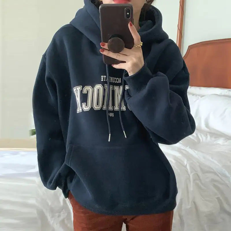 Women's Alphabet Print Fleece Hoodie | Oversized Pullover Sweater