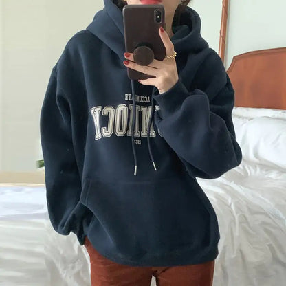 Women's Alphabet Print Fleece Hoodie | Oversized Pullover Sweater